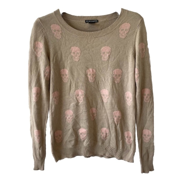 Chelsea + Theodore Skull Sweater Tan And Pink Cotton Modal - Picture 1 of 10